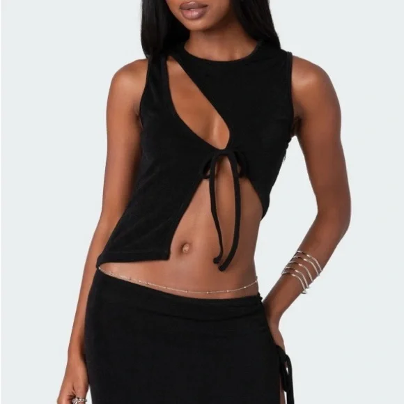 Edikted Black Cut Out Tie Front Tank Top + Skirt SET - Picture 3 of 8